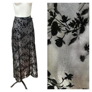 Vintage 1990s Silver Metallic Velvet  Maxi Skirt Floral Burnout / Size Large -